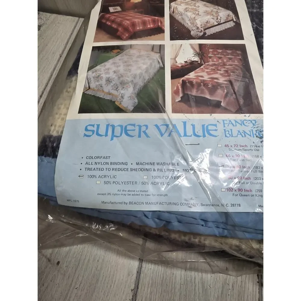 Vtg Super Value by Beacon Satin Trim Blanket Twin/Full Blue White Plaid USA NOS